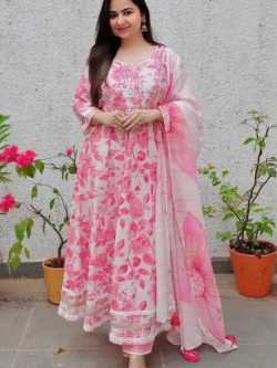 Rayon Pink Printed Anarkali Woman Suit With Pant & Dupatta Set.